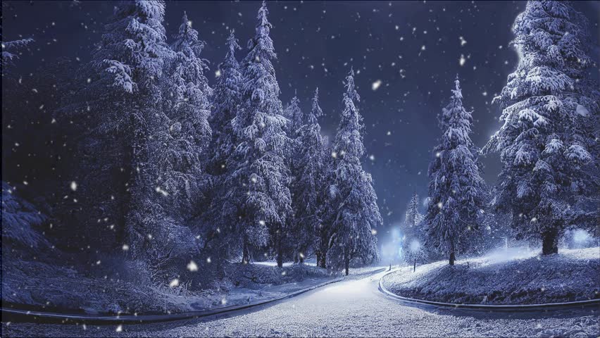 A 4K video clip of a snow covered landscape with the snow coming down softly. Ideal for a Christmas holiday video background