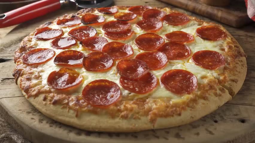 Close-up of hot pepperoni pizza with stringy, melted mozzarella cheese pull. Classic fast food on a rustic wooden table background.