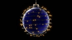 Horizontal 3d abstract Christmas lights fairy string Xmas New Year ornament loop animation bauble ball blue glass glossy decoration garland warm golden glowing holiday winter festive celebration - Powered by Shutterstock - Get 15% off with code: PIKWIZARD15