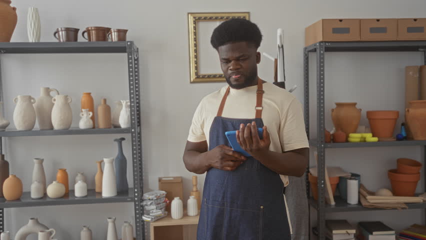 Man artisan in apron holds tablet with fingers on screen in pottery studio among shelves of ceramic vases and clay pots; craft pride focus.