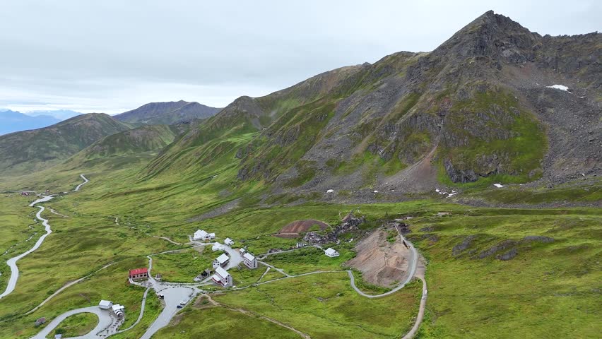 Aerial footage of Independence Mine near Hatcher Pass in Alaska