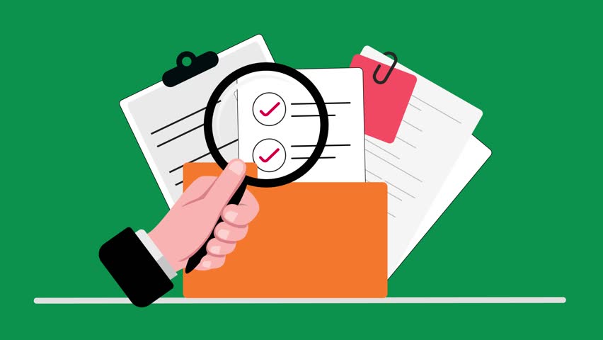 Footage shows document management process, a person hand holding magnifying glass doing paper file check and research on a desk.