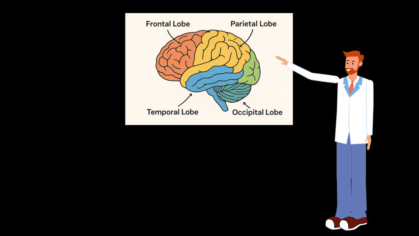 
Animated scientist in a white lab coat explaining the human brain on a transparent background. Educational and engaging scene for neuroscience, biology, or science videos Alpha chanel
