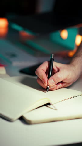 Hand Pen Notebook Writing Workspace Evening. Close-up of a person writing notebook with black pen