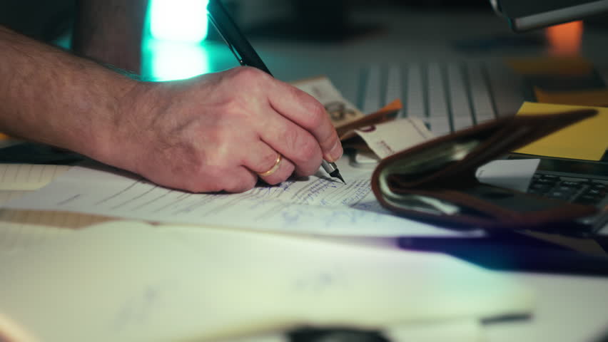 Hand Writing Pen Wallet Money Paper Finance Workspace. Close-up male hand with pen writing document near open wallet