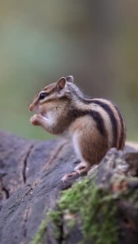 A closeup, vertical shot of an eastern chipmunk (Tamias striatus) nibbling atop a mossy log in soft forest light and muted natural tones