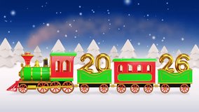 Looped New Year 2026 animation with a steam train carrying “2026” through a snowy winter landscape. Falling snowflakes, glowing lights, and frosty scenery create a festive and magical holiday atmosphe - Powered by Shutterstock - Get 15% off with code: PIKWIZARD15