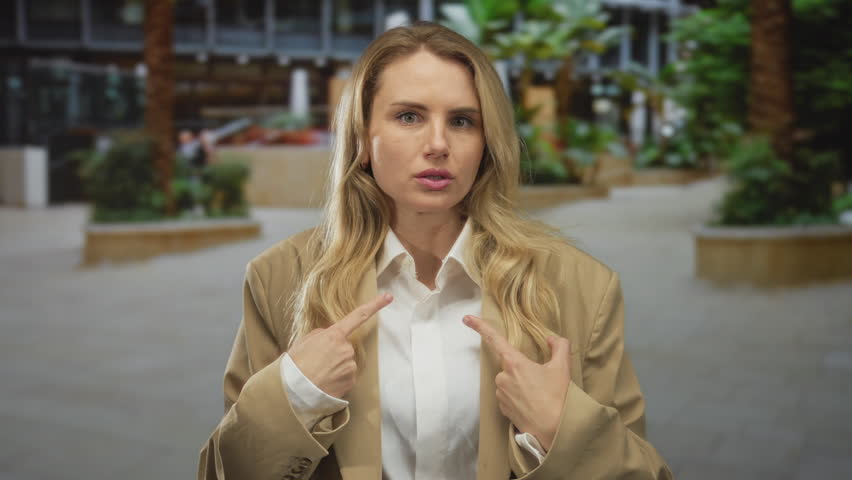Woman gestures surprised in city street with background of modern urban outdoor setting dressed in beige jacket and white shirt.