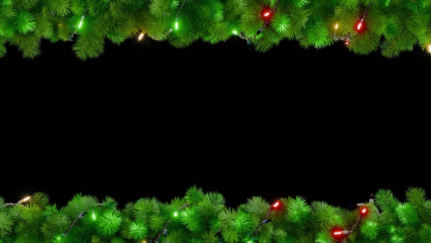 Christmas frame or new year frame with fir or pine leaves and light bulbs blinking with alpha map for compositing. 4K loop animation