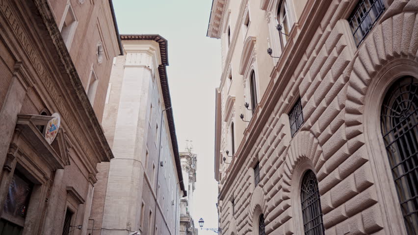 Apartment Buildings Street In Rome Lazio Area. Italian Facades Of Town Houses