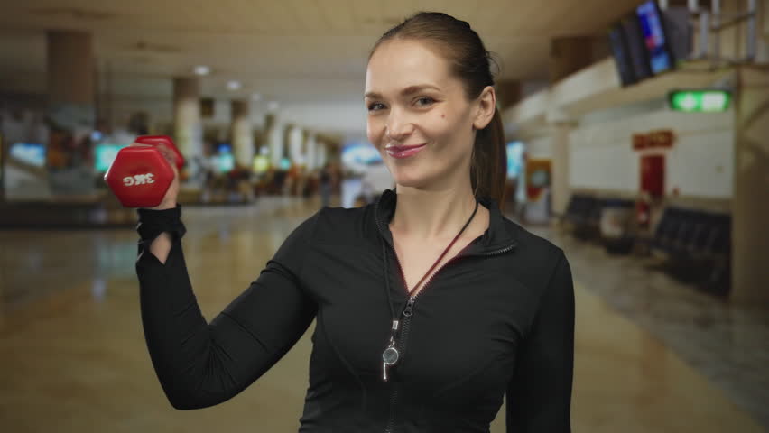 Coach woman lifts red dumbbell with whistle hanging around neck in airport terminal; determination focus.
