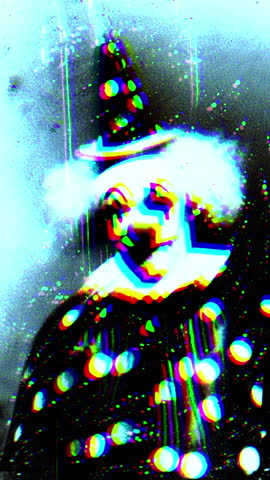 Glitch Art Portrait Of A Neon Blue Clown Mask With Distorted Facial Features And Surreal Glow Vertical Video