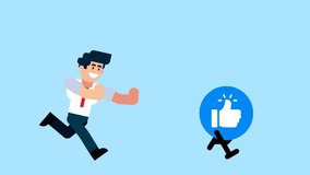 A businessman runs after a walking like button, symbolizing the pursuit of social media approval, popularity, or online success, on a blue background.

 - Powered by Shutterstock - Get 15% off with code: PIKWIZARD15