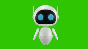A 3D animated white robot character projects a light-blue conical hologram from its hand and then retracts it. This is a short animation loop designed for video compositing. Green screen background. - Powered by Shutterstock - Get 15% off with code: PIKWIZARD15