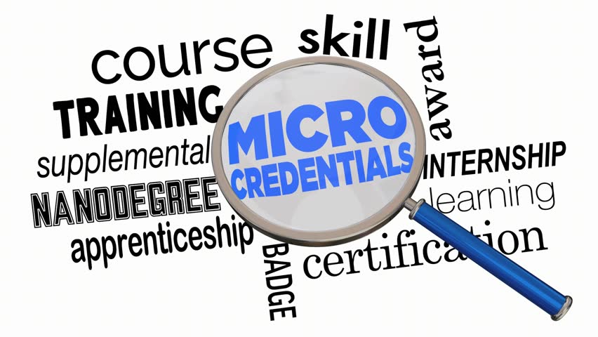 Micro Credentials Words Magnifying Glass Course Badge Nanocourse 3d Animation