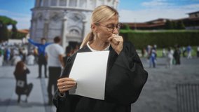 Woman judge in black robe reads legal papers and coughs into fist while standing before historic building at a tourist square; professional duty concern. - Powered by Shutterstock - Get 15% off with code: PIKWIZARD15