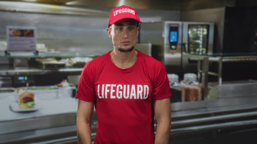 Man lifeguard in red cap and lifeguard shirt stands at stainless kitchen counter inside building; duty vigilance.