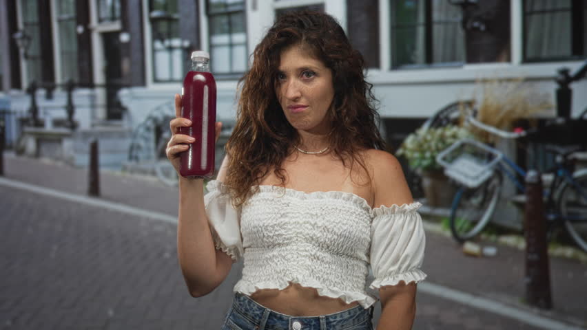 Woman holds bottle up in city street with raised hand and pursed lips, wearing white crop top; doubt.