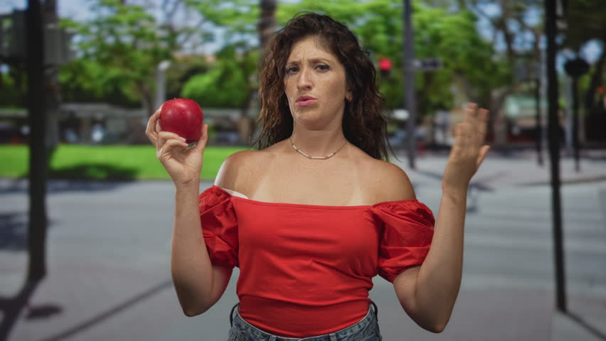 Woman holds red apple near her face with bare shoulders exposed and gestures with a raised hand on a city street; skepticism.
