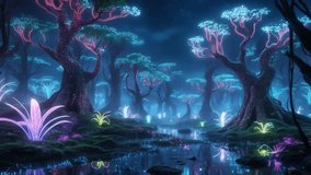 “AI-generated bioluminescent fantasy forest with glowing neon plants, luminous mushrooms and sparkling particles. Enchanted night landscape animation with vibrant colors. - Powered by Shutterstock - Get 15% off with code: PIKWIZARD15