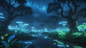 “AI-generated bioluminescent fantasy forest with glowing neon plants, luminous mushrooms and sparkling particles. Enchanted night landscape animation with vibrant colors. - Powered by Shutterstock - Get 15% off with code: PIKWIZARD15