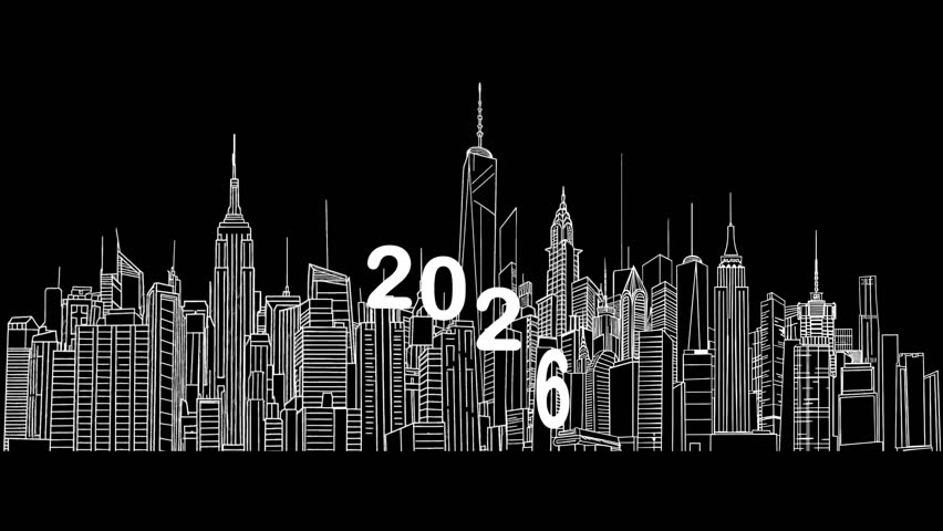 Black and white looping animation of bouncing 2026 text with fireworks exploding behind a white city skyline outline, concept of happy new year celebration, holiday intros and event greetings card. - Powered by Shutterstock - Get 15% off with code: PIKWIZARD15