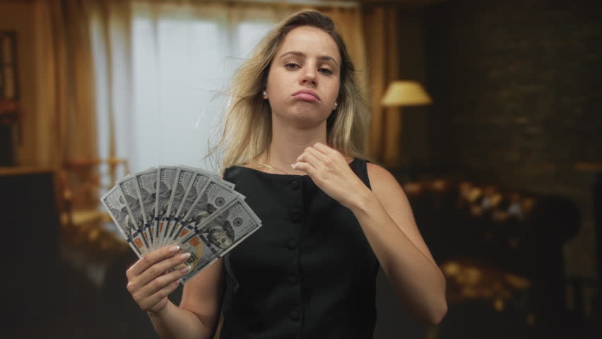 Woman holding a fan of hundred dollar bills and flipping her hand in a studio living room, seated near a lamp and curtains; confidence wealth.