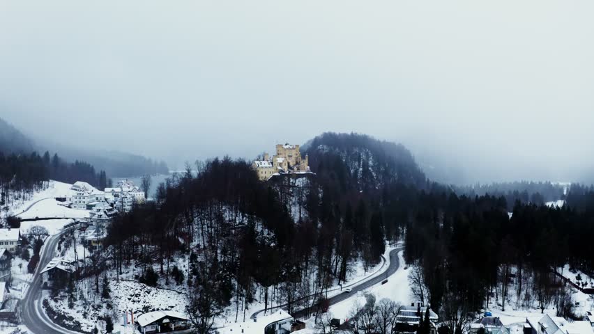 A medieval castle fortress stands atop a hill covered with dense spruce forest in winter, creating a dramatic and historic scene surrounded by snowy nature.