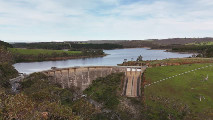 Myponga Reservoir Lookout, South Australia – 4K Aerial Drone Footage of Reservoir, Dam Wall, Rolling Hills, Scenic Lookout and Fleurieu Peninsula Landscape