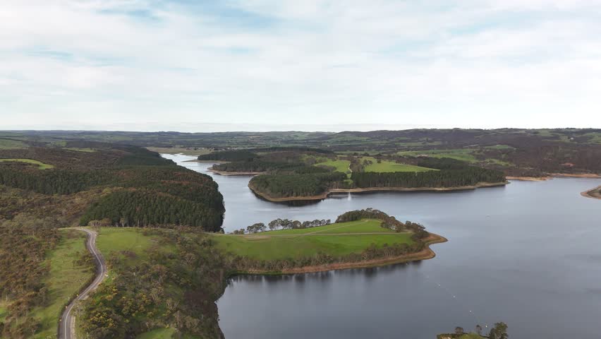 Myponga Reservoir Lookout, South Australia – 4K Aerial Drone Footage of Reservoir, Dam Wall, Rolling Hills, Scenic Lookout and Fleurieu Peninsula Landscape