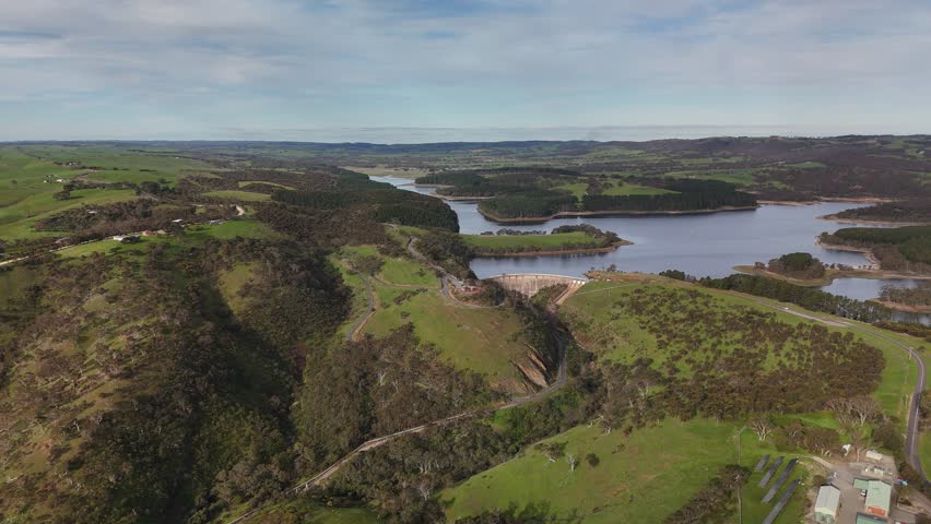 Myponga Reservoir Lookout, South Australia – 4K Aerial Drone Footage of Reservoir, Dam Wall, Rolling Hills, Scenic Lookout and Fleurieu Peninsula Landscape