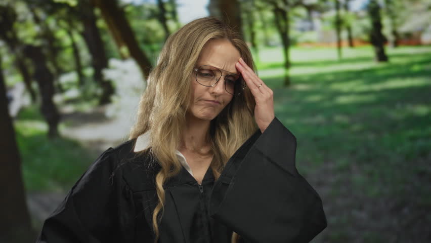 Elegant woman lifts a finger pointing across a park while a young blonde judge in uniform admires green outdoors.