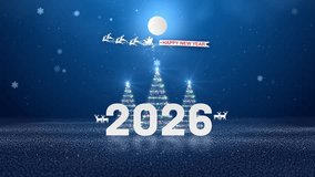Festive 2026 New Year background with glowing Christmas trees, Santa sleigh, snowflakes and glitter snow. Perfect for holiday greetings, winter designs, banners and celebration themes. - Powered by Shutterstock - Get 15% off with code: PIKWIZARD15