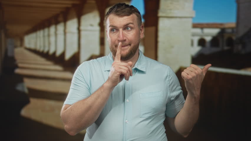 Man with finger to lips shushing on an old town street beside stone colonnade, pointing thumb aside; secret mischief.