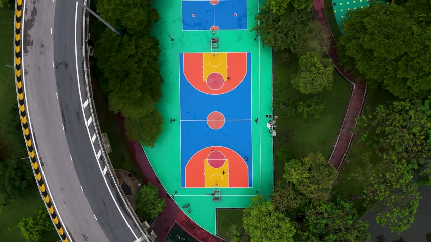 Aerial Drone Shot Outdoor Play Area and Multi Purpose Sports Facility in Urban City