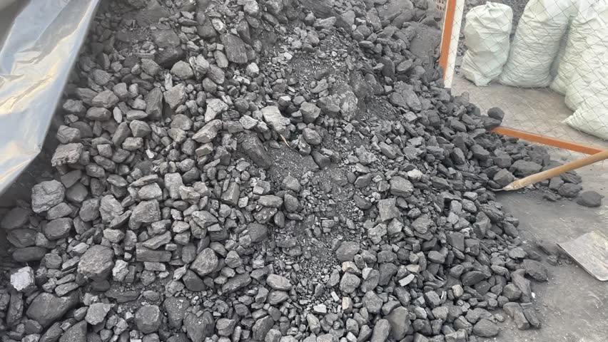 15 October 2025, Fergana, Uzbekistan – Workers manually loading coal outdoors, illustrating labor-intensive industrial or rural work.