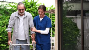 An elderly man with weak muscles in his legs has Alzheimer's disease and is being helped by a walker. A nurse is taking care of him in a nursing home.
 - Powered by Shutterstock - Get 15% off with code: PIKWIZARD15