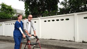 A young nurse takes care of an elderly man walking with a walker on the street for exercise at a nursing home.
 - Powered by Shutterstock - Get 15% off with code: PIKWIZARD15
