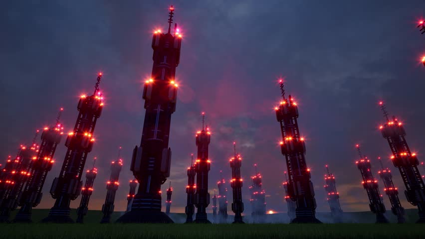 6g towers night red led lamps telecommunication technology 4k. 3D Illustration - Powered by Shutterstock - Get 15% off with code: PIKWIZARD15