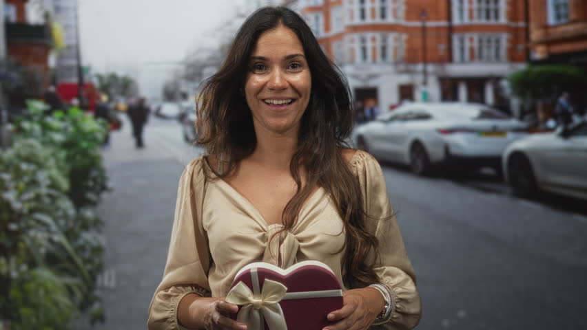 Woman holding heart shaped giftbox on city street showing cleavage and smiling broadly; joy love celebration.
