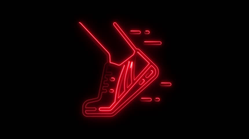 Red Neon Running Shoe Icon with Motion Streaks on Black Background Keywords: running shoe, sneaker, footwear, athletic shoe, sports shoe, running, jogging, fitness, exercise, speed, motion