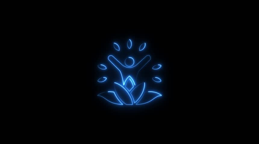 Blue Neon Outline of a Person with Arms Raised Above a Lotus Flower yoga meditation