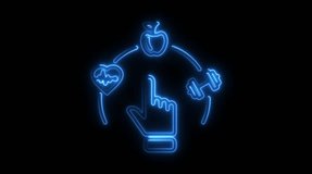 Blue neon outline of a hand pointing to a circle of health and fitness icons on a black background Keywords: health, fitness, wellness, lifestyle, choice, decision, digital, technology, app - Powered by Shutterstock - Get 15% off with code: PIKWIZARD15