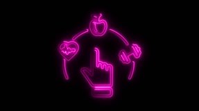 Pink neon outline of a hand pointing to a circle of health and fitness icons on a black background Keywords: health, fitness, wellness, lifestyle, choice, decision, digital, technology, app - Powered by Shutterstock - Get 15% off with code: PIKWIZARD15