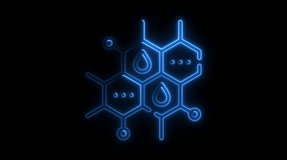 Blue Neon Hexagonal Molecular Structure with Drops and Bubbles on Black Background science chemistry - Powered by Shutterstock - Get 15% off with code: PIKWIZARD15