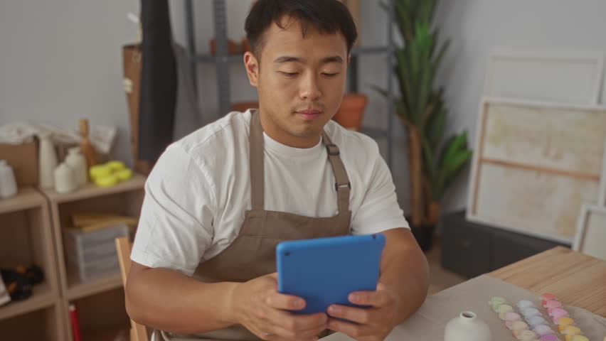 Young chinese man holds ceramic vase and taps tablet in studio; creative concentration and dedication.