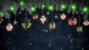 Christmas Holiday Background Seamless Loop with Frosted Pine Branches, Hanging Paper Xmas Ornaments, Green Twinkling Lights, Gently Swaying Baubles and Falling Snow – Festive Winter Animation - Powered by Shutterstock - Get 15% off with code: PIKWIZARD15
