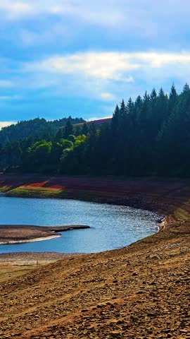 Dried reservoir shoreline with receding water surrounded by dense forest. Low water levels revealing cracked rocky ground beside blue lake. Landscape showing shrinking reservoir and exposed earth