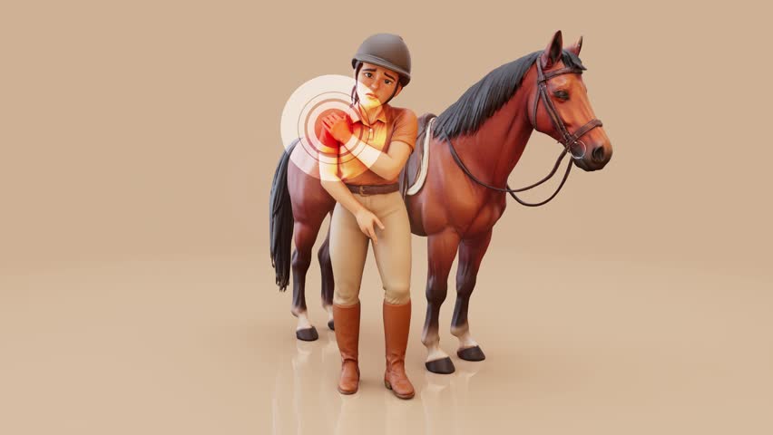 Conceptual 3D animation of a young horse rider with shoulder pain