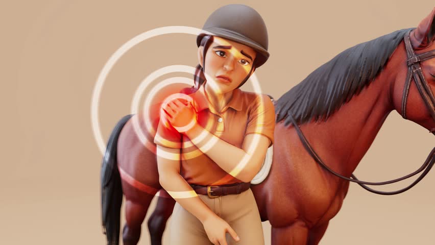 Conceptual 3D animation of a young horse rider with shoulder pain